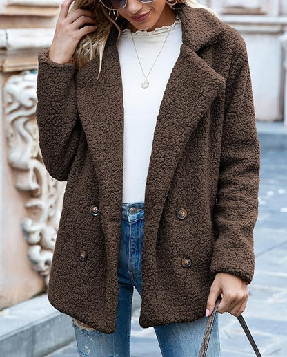 Women's Winter Warm Plush Cardigan Fuzzy Fleece Lapel Jacket with Buttons Pockets Long Sleeve Casual Outerwear