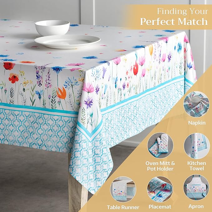 Maison d' Hermine Table Cloth Rectangle Table 100% Cotton 60 x 90 Inches Tablecloth Reusable Decorative for Dining Room, Farmhouse, Home, Party, Festive & Wedding Spring Summer - Flower in The Field