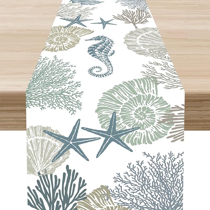 Coastal Table Runner, Summer Beach Starfish Seahorse Seashells Blue Coral Nautical Tropical Ocean Farmhouse Table Center Decor for Home Kitchen Dining Patio Indoor Outdoor Decorations, 13"x108" Inch