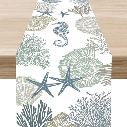 Coastal Table Runner, Summer Beach Starfish Seahorse Seashells Blue Coral Nautical Tropical Ocean Farmhouse Table Center Decor for Home Kitchen Dining Patio Indoor Outdoor Decorations, 13"x90" Inch