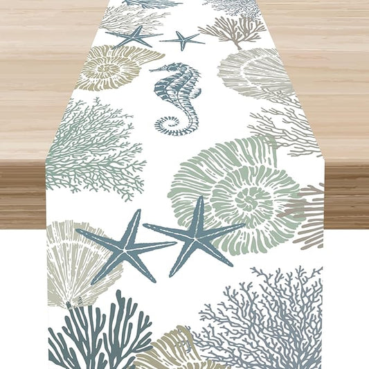 Coastal Table Runner, Summer Beach Starfish Seahorse Seashells Blue Coral Nautical Tropical Ocean Farmhouse Table Center Decor for Home Kitchen Dining Patio Indoor Outdoor Decorations, 13"x90" Inch