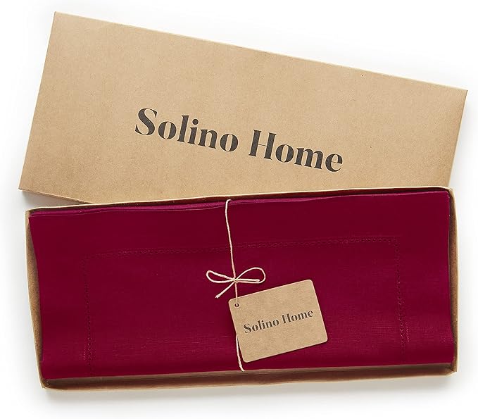 Solino Home Red Hemstitch Table Runner 60 Inches - Cotton Linen Small Table Runner 14 x 60 Inch Ideal for Dresser and Coffee Tables - Winter, Valentines