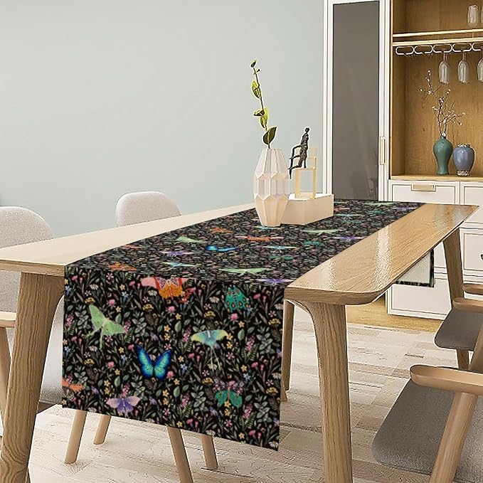 Boho Wildflower Moth Table Runner,Bohemian Floral Colorful Butterfly Print Table Runner for Kitchen Dining Table Holiday Indoor Outdoor Home Party Decor 13x108in