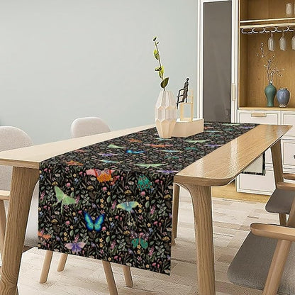 Boho Wildflower Moth Table Runner,Bohemian Floral Colorful Butterfly Print Table Runner for Kitchen Dining Table Holiday Indoor Outdoor Home Party Decor 13x70in