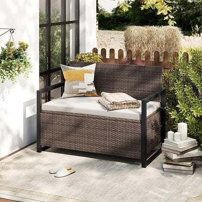 RELAX4LIFE Wicker Rattan Outdoor Storage Loveseat Bench Mix Brown Off White | - Image 2