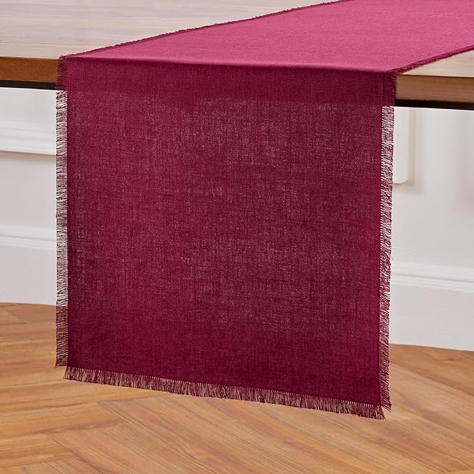 Solino Home Linen Beet Table Runner 48 Inches - Fringe, 100% Pure Linen Small Table Runner 14 x 48 Inch Ideal for Dresser and Coffee Tables - Winter, Valentines