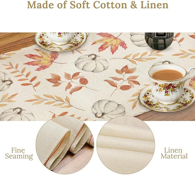 Autumn Pumpkin Table Runner, Watercolor Fall Maple Leaves Pumpkins Harvest Thanksgiving Table Runner for Holiday Dining Room Kitchen Table Party Decor, 13x60inch