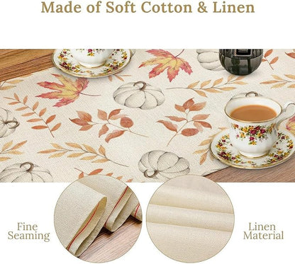 Autumn Pumpkin Table Runner, Watercolor Fall Maple Leaves Pumpkins Harvest Thanksgiving Table Runner for Holiday Dining Room Kitchen Table Party Decor, 13x70inch