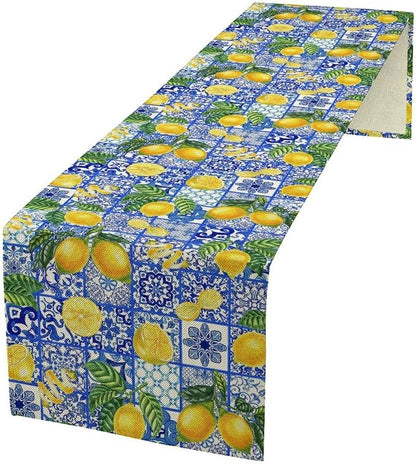 Tiles Lemon Table Runner Blue White Yellow Vintage Rustic Summer Fruit Chic Farmhouse Dining Table Decoration for Home Holiday Party Dresser Kitchen Cabin Restaurant Wedding Decor 13×90in
