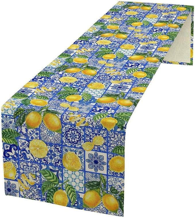 Tiles Lemon Table Runner Blue White Yellow Vintage Rustic Summer Fruit Chic Farmhouse Dining Table Decoration for Home Holiday Party Dresser Kitchen Cabin Restaurant Wedding Decor 13×120in