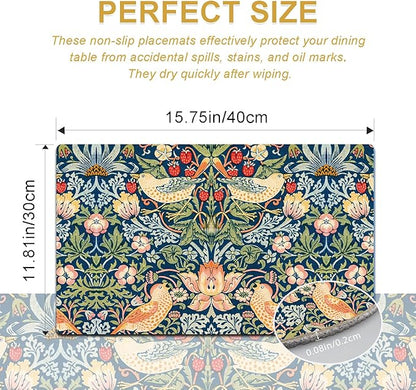 William Morris Strawberry Thief Placemats - Placemats set of 4 Faux Leather Heat Resistant for Dinner Table, Non-Slip Waterproof Oil-Proof Washable Reusable Placemat for Indoor Outdoor Kitchen