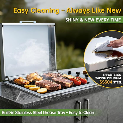 34-Inch Premium Built-In Liquid Propane Griddle for Outdoor Kitchen, 3-Burner Heavy Duty Stainless Steel Flat Top Grill with Lid, 48,000 BTUs, Large Cooking Area for BBQ Island, Outdoor Cooking,Silver