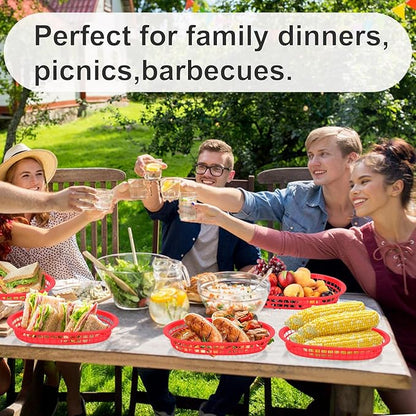60 Pack Fast Food Baskets, 10.6 x6. 7 Inch Versatile Red Plastic Food Baskets, Food Service Tray for Burgers, Fries, Sandwiches, Hot Dogs, Barbecues, Picnics, Parties, Durable and Safe