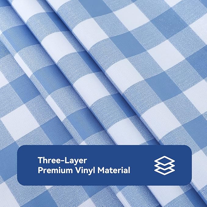 Romanstile Rectangle Vinyl Tablecloth, 100% Waterproof Buffalo Gingham Plastic Table Cloth, Heavy Duty Wipeable Checkered Table Covers for Outdoor, Camping, Picnic, Patio - 60 x 102, Light Blue