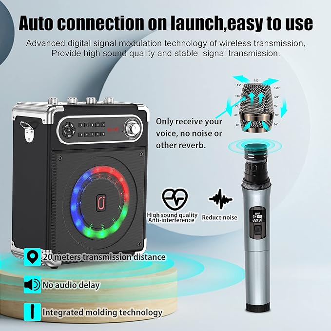 JYX Karaoke Machine with Two Wireless Microphones, Portable Bluetooth Speaker with Bass/Treble Adjustment, PA System with Remote Control, LED Lights,Supports TF Card/USB, AUX IN, FM, REC,TWS for Party