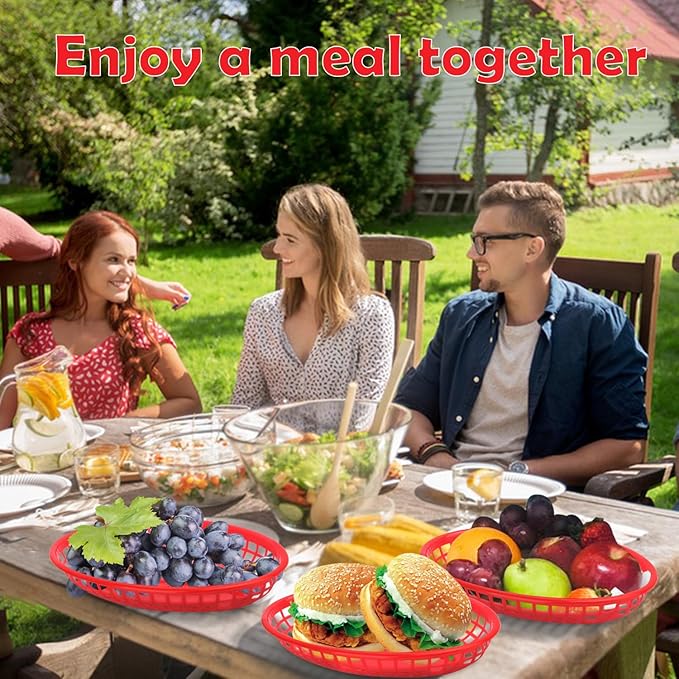 90 Pcs 9 x 5.7 Inch Reusable Oval Fast Food Baskets, Sturdy Plastic Serving Baskets for Fast Food, Parties, Picnics, BBQs and Snacks, by KUKLIPJIM.(Red)