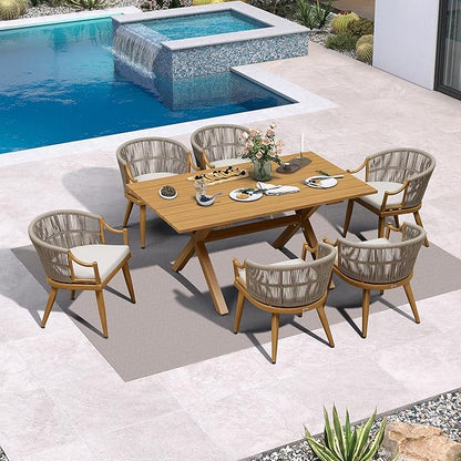 PURPLE LEAF 7 Pieces Outdoor Dining Set All Weather Wicker Patio Dining Set with Rectangular Aluminum Table and Modern Armrest Dining Chairs for Garden Deck Backyard Kitchen, Teak