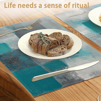 6 Pcs Placemats,Teal Gray Painting Placemat,Art Painting Table Mats Washable Recyclable Table Placemats for Indoor Outdoor Heat Resistant Kitchen Dining 12"x18"