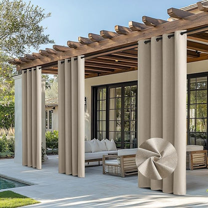 NICETOWN 100% Blackout Patio Outdoor Curtains Waterproof 2 Panels, Linen Textured Thermal Insulated Indoor/Outside Drapes for Gazebo, Privacy Sun Shades for Porch, Bathroom, W52 x L96 Inch, Natural
