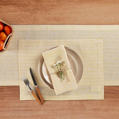 Solino Home Linen Striped Table Runner 144 Inches Long - Narrow Stripe 100% Pure Linen Spicy Mustard and White Dining Table Runner 14 x 144 Inch for Spring, Easter