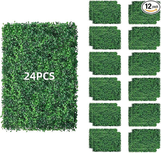 24x16 Inch Artificial Boxwood Panels (12-Pack) - UV Protected Faux Grass Wall Mats for Outdoor Fence Cover, Garden Privacy Screen, Indoor Wall Decor, and Wedding Backdrops (12)