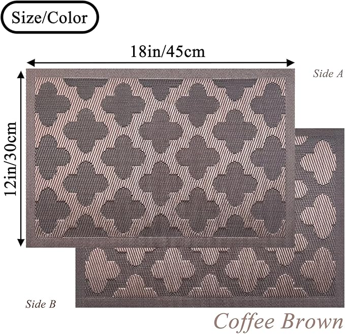 Elegant Placemats Set of 6, Plastic Heat-Resistant Non-Slip Vinyl Place Mats Washable Easy to Clean Placemat for Dining Table (Brown)