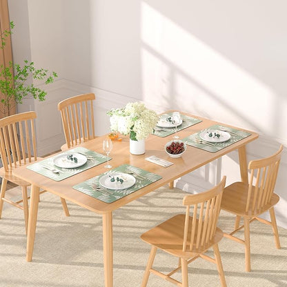 QIYI Placemats Set of 4, 12x18 Inch Faux Leather Place Mats for Kitchen Dinning, Heat Resistant Anti Slip Green White Table Mats, Waterproof Wipeable Washable Placemat Party Table Décor, Fern Leaves
