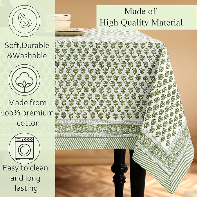 CPC Emerald Green Floral Hand Block Printed 100% Cotton Tablecloth 60x120 Rectangular Reusable and Washable Boho Dining Table Cloth Thanksgiving