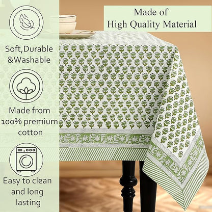 CPC Tablecloth 100% Cotton 72x160 Inch Indian Block Print Rectangle Table Cover, Green Table Cloth for Weddings, Spring/Summer, Barbeque - Emerald Green