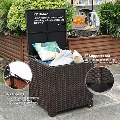 Rattaner 80 Gallon Wicker Outdoor Storage Box Square Patio Storage Bin with Waterproof Lining Bag Deck Storage Box and Cushion Storage Bin Outdoor, Brown Wicker