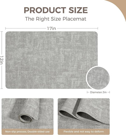 Vinyl Placemats Set of 8, Faux Leather Waterproof and Heat Resistant Place Mats, Washable Anti-Slip Table Mats with Coaster, Wipeable Placemats for Indoor & Outdoor 17" x 12" (Light Grey, Set of 8)
