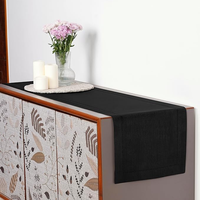 D'Moksha Homes Linen Black Table Runner 72 Inches Long - 100% Pure Linen Hemstitch Table Runner 14 x 72 Inch for Dresser, Dining, Spring, Easter - Classic Hemstitch