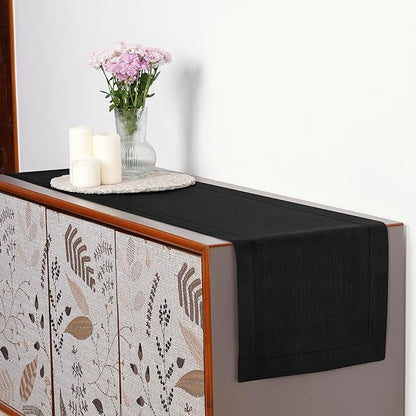 D'Moksha Homes Linen Black Table Runner 120 Inches Long - 100% Pure Linen Hemstitch 14 x 120 Inch Table Runner for Dining, Spring, Easter - Classic Hemstitch
