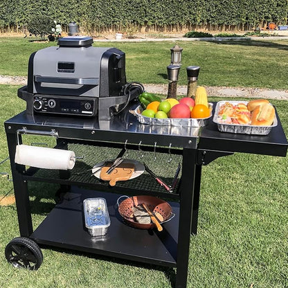 Outdoor Kitchen Island, Grill Table Cart with Drawer, Pizza Oven Stand, Movable 3-Shelf Prep Table with Side Table for Ninja Woodfire, Ooni Pizza Oven, Blackstone Griddle, Cuisinart, Barbecue tool set