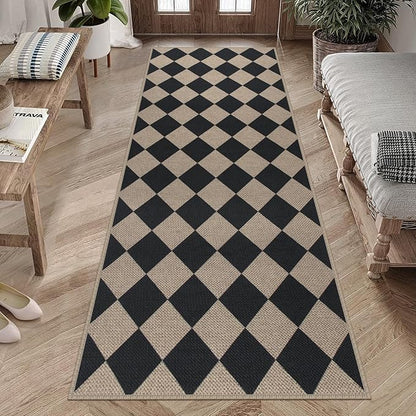 Easy Jute Checkered Runner Rug, 2.6x8 Black Modern Washable Rugs Runner for Hallway Non-Slip Kitchen Runner Rug, Geometric Diamond Indoor Outdoor Carpet for Porch Laundry Entryway