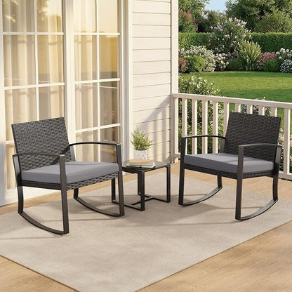 Qsun 3 Pieces Patio Furniture Set Rocking Bistro Set Outdoor Rattan Conversation - Image 8