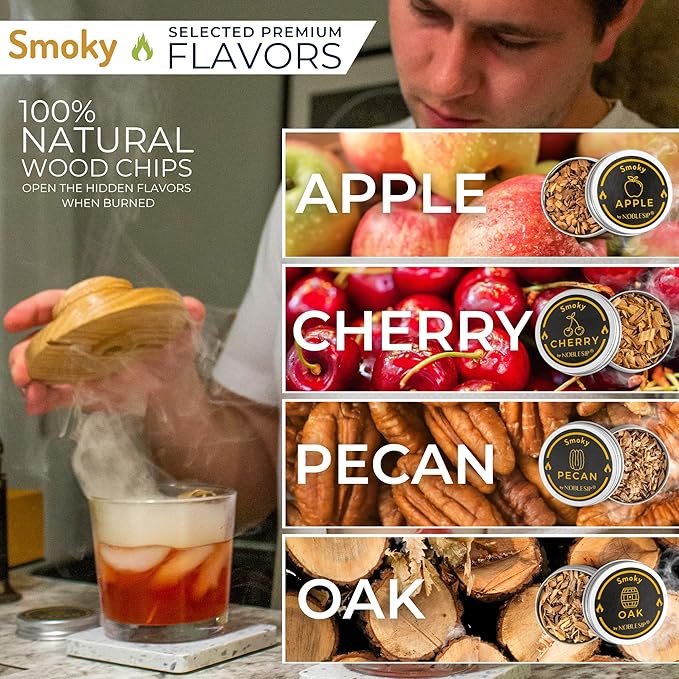NOBLESIP® Whiskey Bourbon Smoker Kit 𝗣𝗥𝗘𝗠𝗜𝗨𝗠 Smoky bar Set. Made from Natural American Oak Wood. Easily Make The Legendary Smoked Cocktails and Old fashioneds at Home. New Year Home bar Gift!