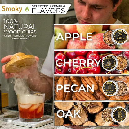 NOBLESIP® Whiskey Bourbon Smoker Kit 𝗣𝗥𝗘𝗠𝗜𝗨𝗠 Smoky bar Set. Made from Natural American Oak Wood. Easily Make The Legendary Smoked Cocktails and Old fashioneds at Home. New Year Home bar Gift!