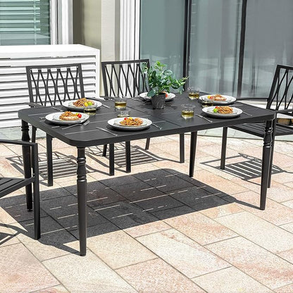 NUU GARDEN Weather-Resistant Outdoor 61” x 37” Rectangle Metal Dining Table with Umbrella Hole, Powder-Coated Frame, Slatted Tabletop, for Patio, Garden, Backyard and Balcony, Black