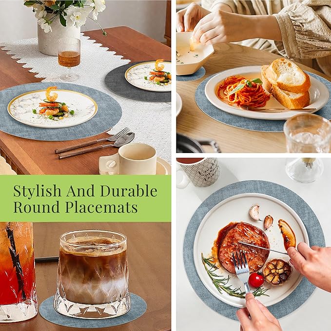 13-Inch Faux Leather Round Placemats Set of 4, Waterproof Anti-Slip Dual Sided Place mats, Heat Resistant Washable Table Mats with Coaster, Suitable for Indoor & Outdoor(4, Black Light Blue)