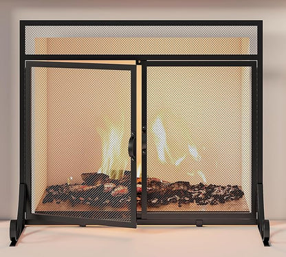 Flat Fireplace Screen with Doors,Solid Wrought Iron Frame with Metal Mesh, Flat Panel Decorative Fireplace Screen with Modern Design, Free Standing Spark Guard