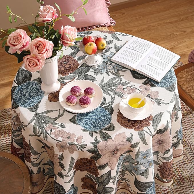 Designer French Linen Small Tablecloth for Round Table,Red and Blue Floral Durable Tablecloths,Decor Table Cover for Kitchen,Dining,Thanksgiving,Farmhouse,Diameter 55"-Burgundyred