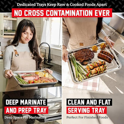 BLAZIN' GRILL Prep and Serving Trays | Set of 2 Stackable, Stainless Steel BBQ Grill Trays | Serving Platter for Marinating, Serving & Chopping | Grill Accessories for Plating Food & BBQ Prep Tub |