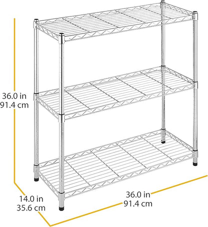 Whitmor 3 Tier Shelving Unit, Metal Storage Shelves, 400 lbs Capacity per Shelf, 1200 lbs Total, Easy Assembly Home Organizer for Pantry, Kitchen, Garage, Plant, 36"L x 14"W x 36"H, Chrome