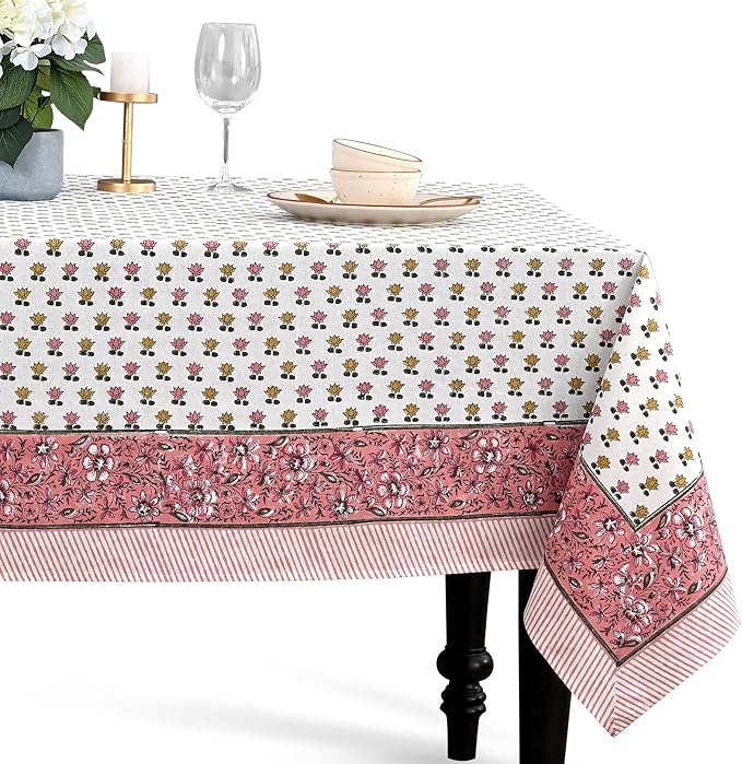 CPC Rosette Bloom Tablecloth 100% Cotton 70x118 Inch Indian Block Print Rectangle Table Cover, Table Cloth for Gifting in Weddings, Halloween, Fall, Christmas, Thanksgiving