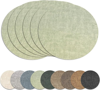 13" Round Placemats Set of 6, Reversible Faux Leather Heat Resistant Table Mats, Waterproof Oilproof Wipeable Table Protective Placemats for Vinyl, Washable for Indoor & Outdoor Use (6, Light Green)