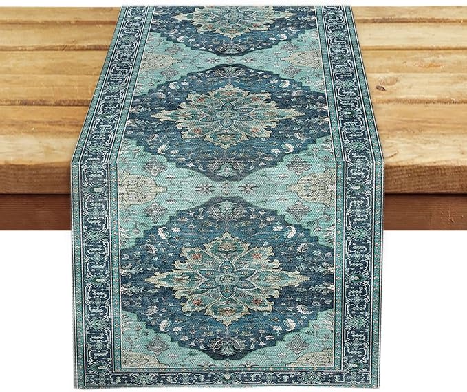 OYIMUA Boho Floral Pattern Summer Table Runner 90 Inches Long Teal and Blue Runners for Tables Rustic Spring Fall Decorations for Home Indoor and Outdoor Party Decor