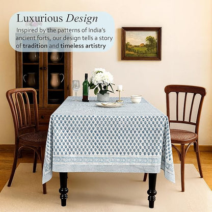 CPC Tablecloth 100% Cotton 72x160 Inch Indian Block Print Rectangle Table Cover, Blue Table Cloth for Weddings, Spring/Summer, Barbeque - Apatite Blue