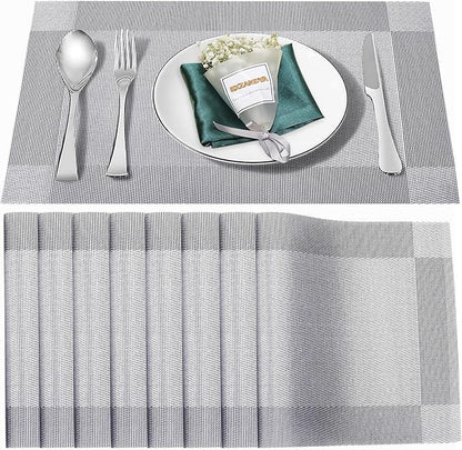 Placemats Set of 8,Washable,Heat and Stain Resistant Indoor/Outdoor Place mats,Vinyl Woven Non Slip Table Mats for Restaurant Table Protection,PVC Placemats(Silver, 8PCS)