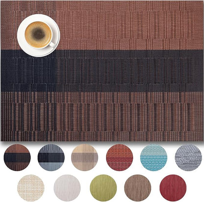 Placemats Set of 12 - Easy Clean Woven Vinyl Placemats for Dining Table, Indoor/Outdoor Place Mats, Washable PVC Table Mats （Ombre Brown Black）